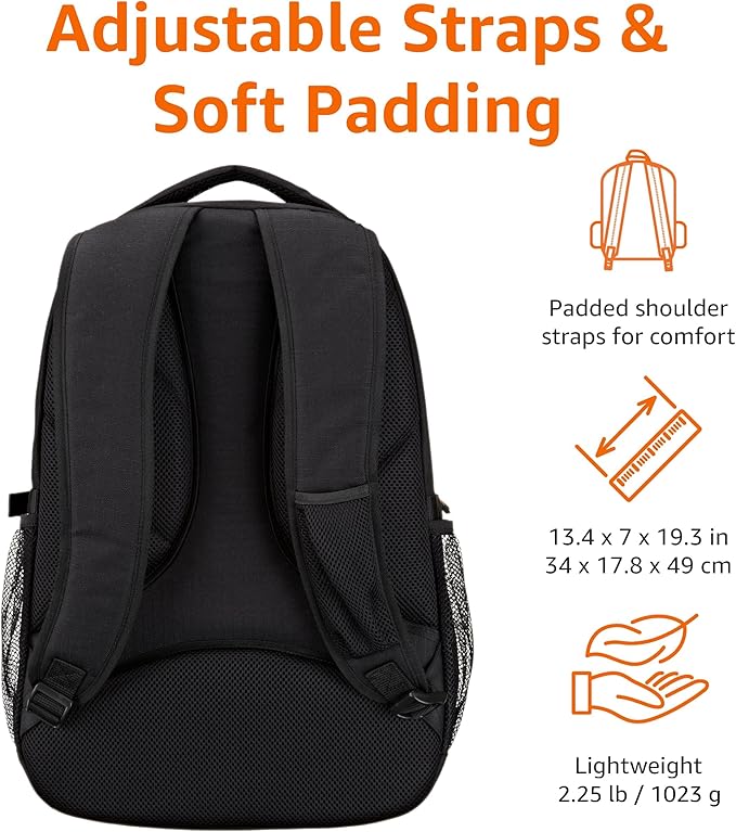 Amazon Basics Padded Laptop Backpack with Water Bottle Pockets, Travel Work Bag with Compartments, Fits Up to 17-Inch Laptops, Black