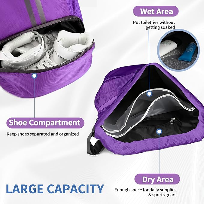 JELUTAR Drawstring Backpack Gym Bag with Shoes Compartment for Soccer, Basketball, Swim, Water-Resistant String Backpack Beach Cinch for Women Men, Purple