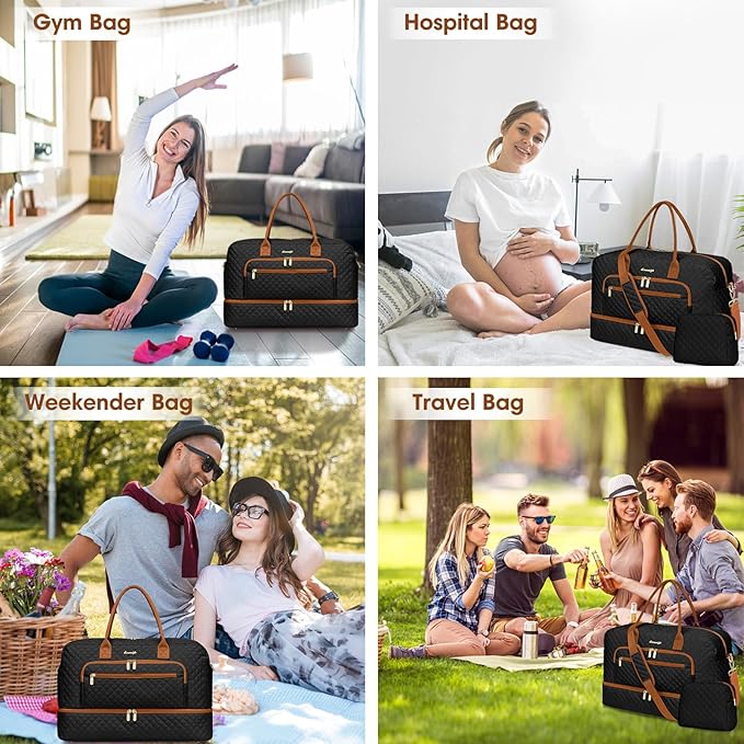 Travel Duffle Bag Weekender for Women - 38L Carry-On Overnight Personal Item Bag with Shoe Compartment & Wet Pocket Weekend Tote Bags with Toiletry Hospital Bags for Labor and Delivery