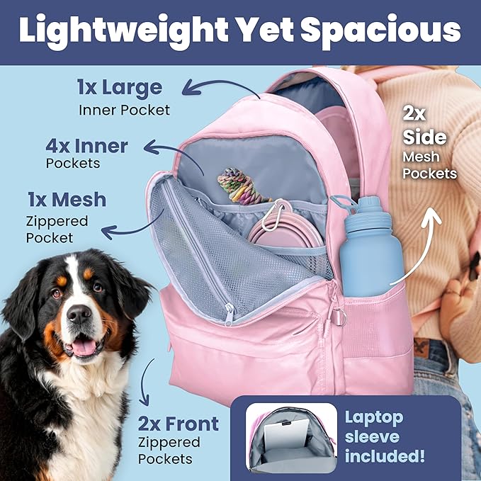 Dog Travel Bag for Supplies - Complete Dog Diaper Bag Backpack with 2 BPA-Free Travel Bowls, Treat Pouch, Food Container, Placemat & Laptop Sleeve – for Traveling, Road Trips, Hiking: Dusty Pink