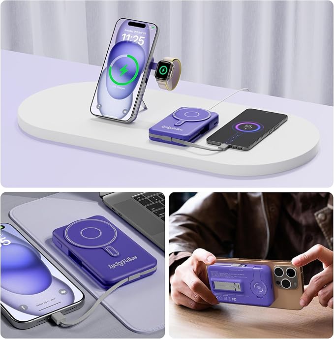 Magnetic Portable Charger Built-in Cables,10000mAh Fast Charging Wireless Charger Station External Battery Pack Slim Pocket Size Power Bank with Stand Compatible with iWatch, iPhone