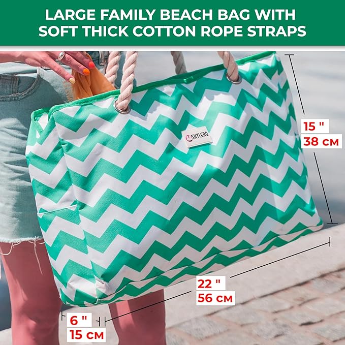 Beach Bag and Pool Bag Has Cooler Pocket, 7 Pockets Total, Zip Top. Family Size Waterproof Beach Tote