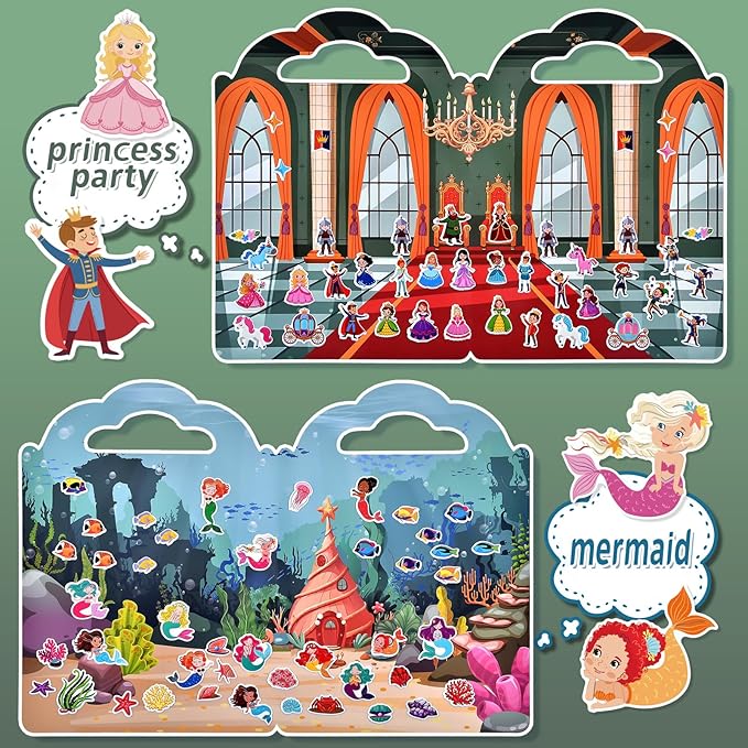 6 Set (260pcs) Puffy Sticker Books Activity for Girls, Reusable Stickers Book, Fairytale+Garden+Princess Party+Mermaid+Kids Zone+Girls' Shop, Travel Book for Kids Ages 3+