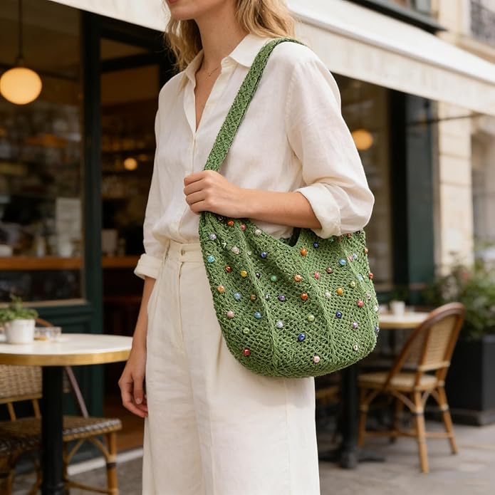 Boho Crochet Beach Tote Shoulder Bag with Colored Beads | Colorful Aesthetic Hippie Knit Bag for Women