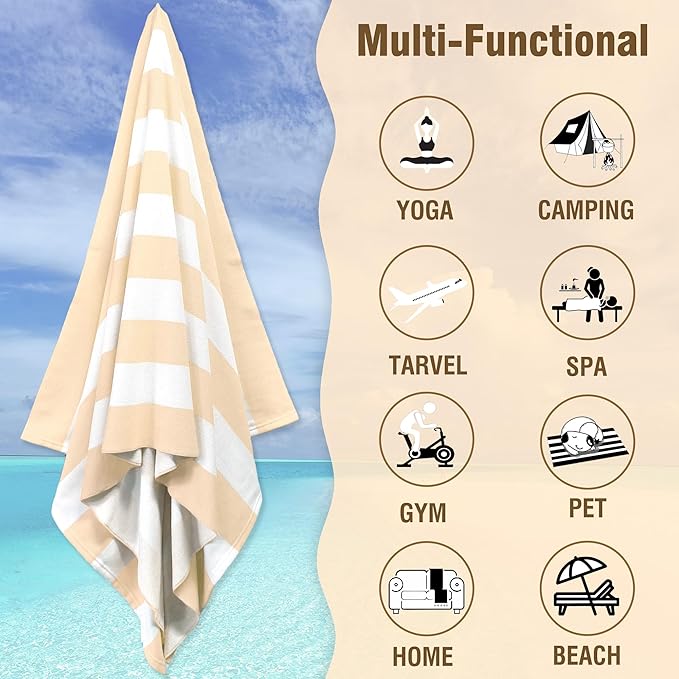 HENBAY Large Oversized Beach Towel - 35 x 70 Inch Microfiber Pool Towel, Beige Striped Quick Dry Cabana Swim Towel
