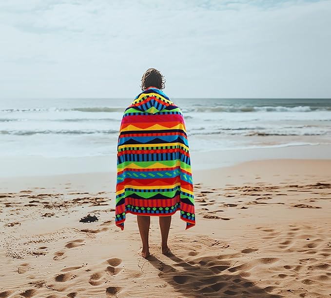 COTTON CRAFT Hooded Beach Towel for Adults – Oversized 39 x 68 Towel with Hood - 100% Cotton Velour Terry Jacquard Pool Bath Wrap - 450 GSM Soft Absorbent Quick Dry – Cozumel Red Blue Yellow