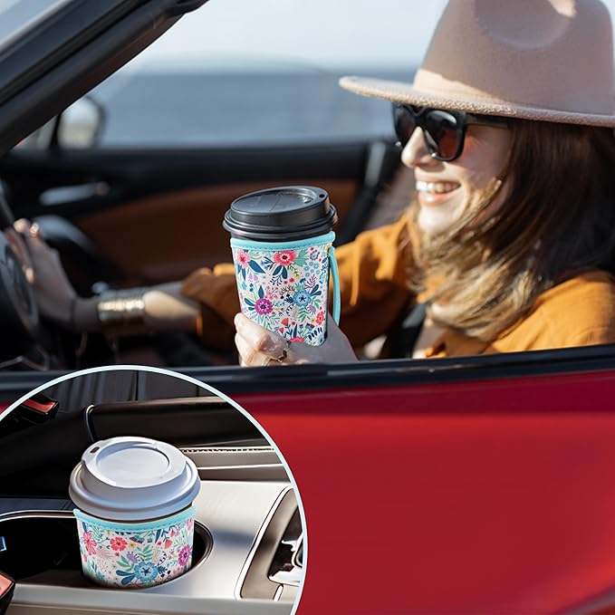 KJQJLY 3 Pack Reusable Iced Coffee Sleeves for Iced Coffee Cups or Drinks Reusable Neoprene Insulated Sleeves for Hot and Cold Drinks from Starbucks, Dunkin, And More (White Flower Bush)