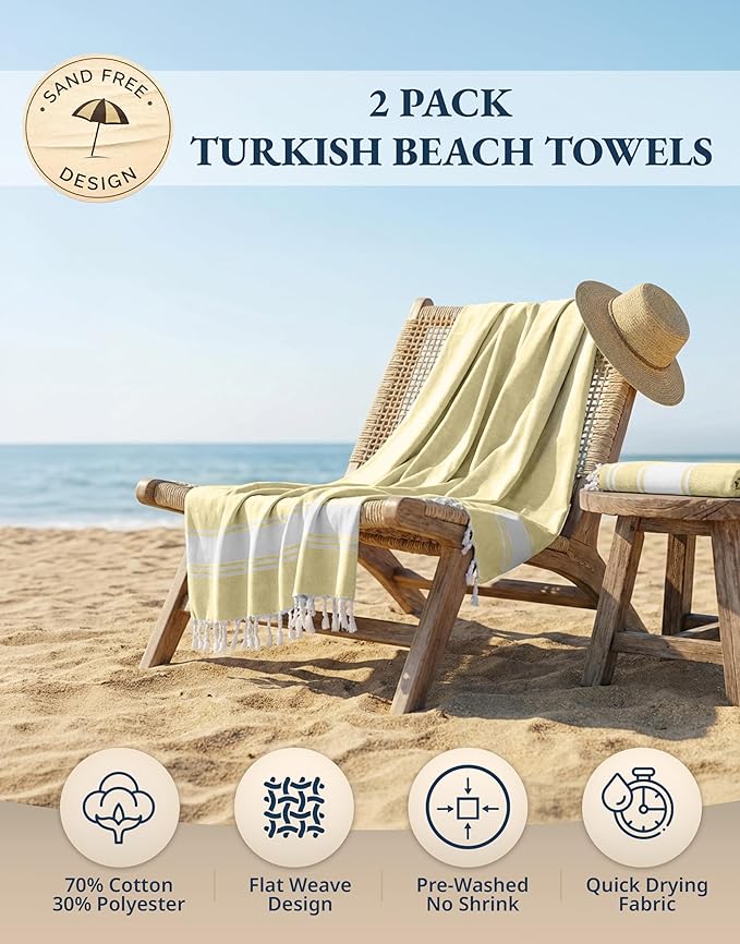 LANE LINEN Large Beach Towel, 2 Pack Turkish Beach Towels Set, Lightweight Towel for Adults, 39"x71" Oversized Pool Towels, Absorbent, Quick Dry, Durable Sand Proof Beach Towel - Yellow