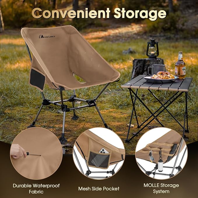 MOON LENCE Camping Chair Plus, Upgraded Comfort & Size, Still Compact and Lightweight, Folding Portable Chair for Backpacking & Hiking, 400Lbs Capacity, Gen 3 Plus (Khaki)