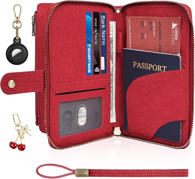 RFID Blocking Passport Wallet, Anti Theft PU Texture Passport Pouch with Tracker Case, Travel Document Organizer Zipper Wallet with Wrist Strap & Keychain, Gifts for Women and Men (Red)