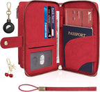 RFID Blocking Passport Wallet, Anti Theft PU Texture Passport Pouch with Tracker Case, Travel Document Organizer Zipper Wallet with Wrist Strap & Keychain, Gifts for Women and Men (Red)