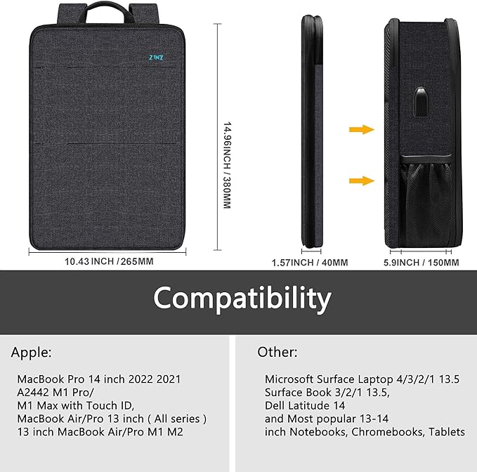ZINZ Slim & Expandable Laptop Backpack Water Resistant Backpack Travel Backpack Compatible with MacBook Air/Pro/Neo 13-14 inch, XPS 13/14, Surface 13.5" and Most 13-14 Notebooks，B01K01