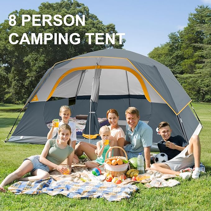 CAMPROS CP Upgraded 6/8 Person Camping Tents, Waterproof Windproof Family Tent with Larger Mesh Windows & Door, Double Layer, Easy Set Up, All-Season Dome Tent with Top Rainfly & Carry Bag