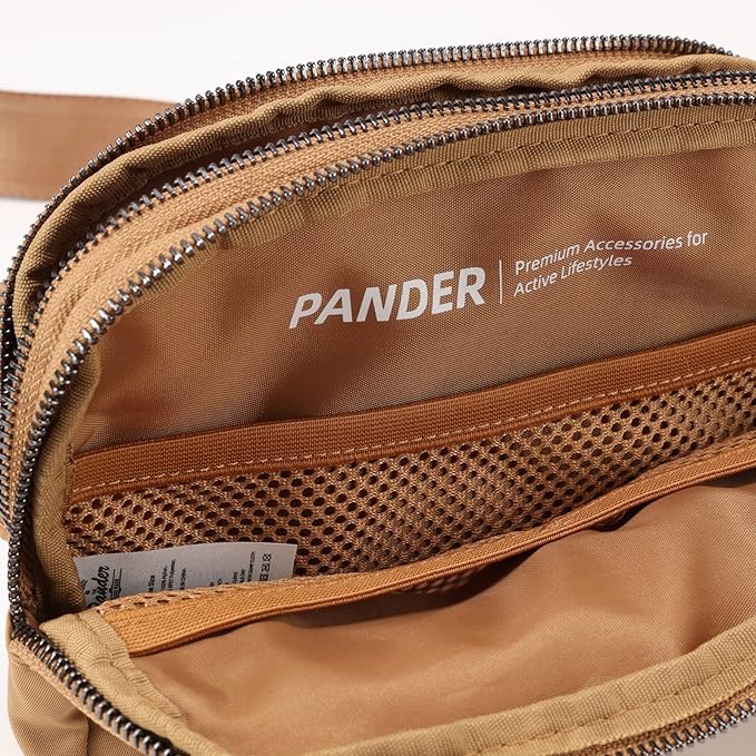 Pander Everywhere Belt Bag for Women, 5 Zipper Pockets Nylon Crossbody Fanny Pack Purse (Caramel Burnt).