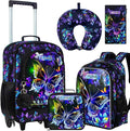 18" Kids Suitcase for Girls, 5Pcs Carry on Luggage With Wheels, Butterfly Suitcases for Toddler Children(Black)