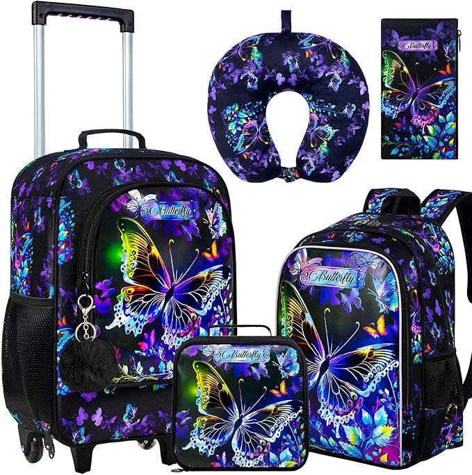 18" Kids Suitcase for Girls, 5Pcs Carry on Luggage With Wheels, Butterfly Suitcases for Toddler Children(Black)