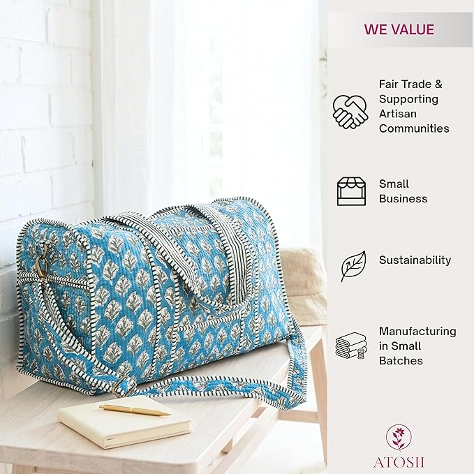 ATOSII Handblock Print 100% Cotton Large Quilted Duffle Bag for Overnight Trip, Travel Weekend Bag, Luggage, 2 Pockets with Zipper, 1 Front Pocket, Detachable Long Strap, 20 X 10 X 12 Inches, Nilo