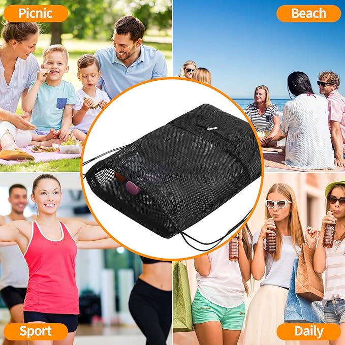 NATURAL STYLE Mesh Drawstring Backpack Bag, Gym Sports Bag with Zipper Pocket Bottle Holder, String Beach Bag for Swiming Travel (Black)