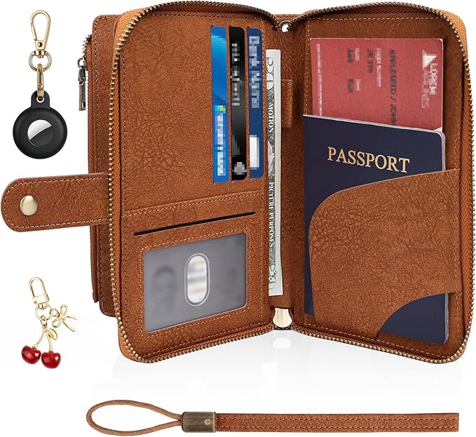 RFID Blocking Passport Wallet, Anti Theft PU Texture Passport Pouch with Tracker Case, Travel Document Organizer Zipper Wallet with Wrist Strap & Keychain, Gifts for Women and Men (Brown)