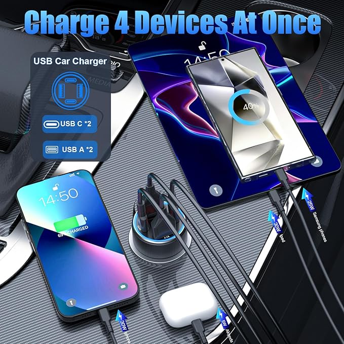 Car Charger USB C, 78W 4 Port Fast Charging Car Phone Charger Adapter, Dual USB-C & USB-A Cigarette Lighter Adapter with Voltage Display for iPhone 17 16 15 iPad Samsung Android