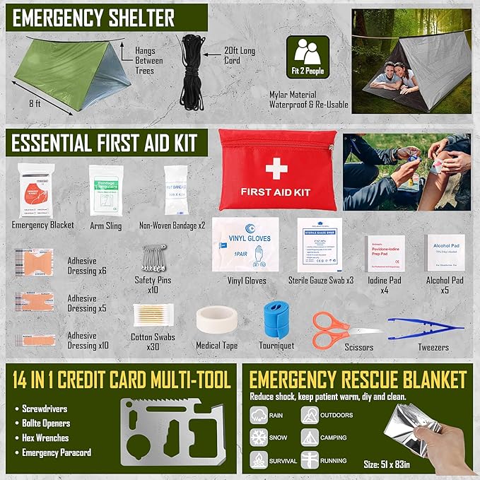 Survival Kit, 268 Pcs Emergency Survival Gear and Equipment Supplies with First Aid Kit, Camping Axe, Headlamp, Crossbody Bag for Camping Hiking, Hunting, Gift for Christmas Men, Dads, Black