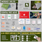 Survival Kit, 268 Pcs Emergency Survival Gear and Equipment Supplies with First Aid Kit, Camping Axe, Headlamp, Crossbody Bag for Camping Hiking, Hunting, Gift for Christmas Men, Dads, Black Como