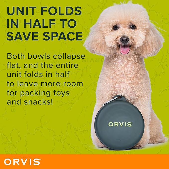 Orvis Pet Travel Collapsible Feeder with Food + Water Dish, 2-in-1, BPA Free, Food-Grade Silicone | Space-Saving Pet Travel Bowls, Nonslip Bottom + Carabiner Clip