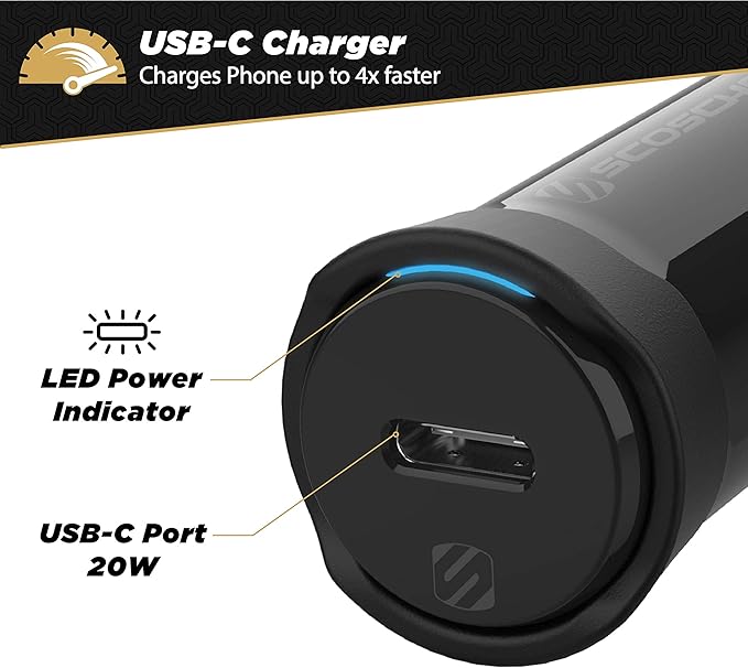 Scosche CPDC20 PowerVolt 20-Watt Certified USB Type-C Fast Car Charger with Power Delivery 3.0 for All USB-C Devices