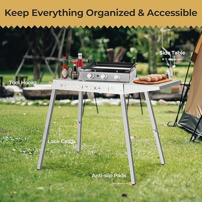 R.W.Flame 304 Stainless Steel BBQ Grill Table fits 20'' Tabletop Griddle, Adjustable Folding Grill Table,Outdoor Portable Camping Table for RV Picnic BBQ Beach