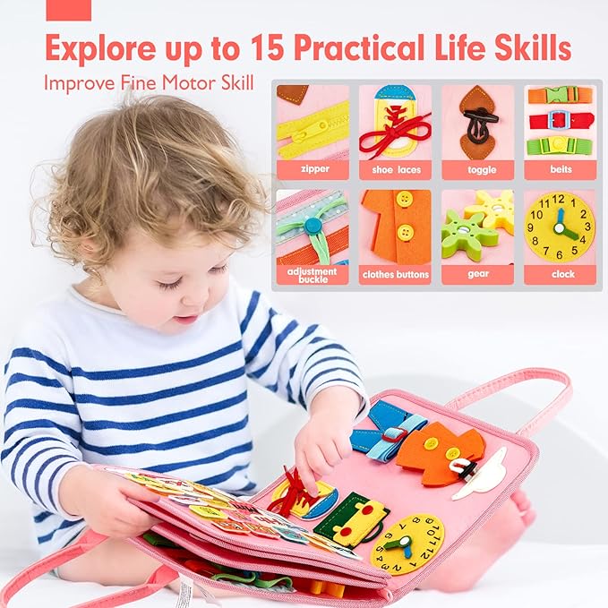 hahaland Toddler Busy Board Montessori Toys for 3 Year Old Girl Gifts, Educational Learning Toys with Life Skills, Alphabet, Number, Shape, Color, Car Ride Airplane Travel Toy Toddlers Girls Busy Book