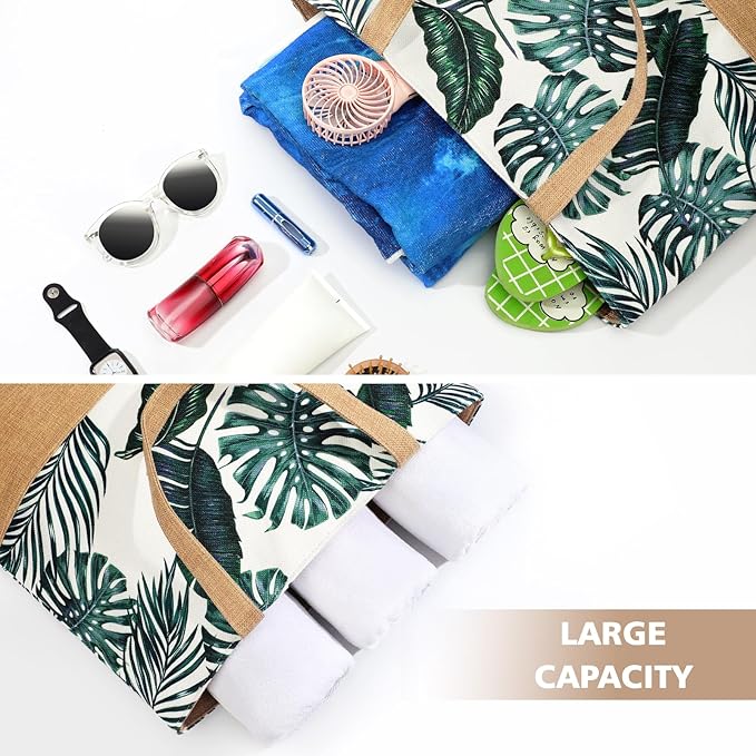Trifabricy Beach Bag for Women, Large Beach Tote Bags with Zipper, Woven Straw Tote Waterproof, Swim Gym Shopping Travel Bag