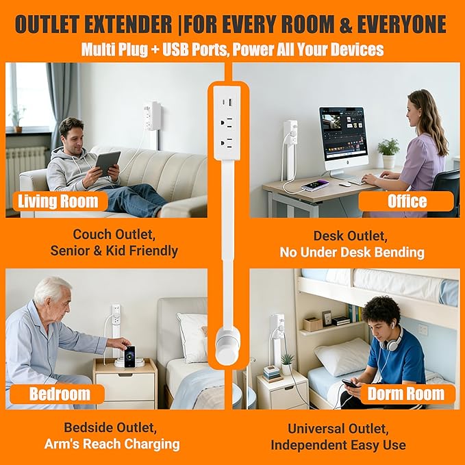 Outlet Extender Stick - Plug Extension Outlet with 3 Prong, Rotating Wall Socket Expander for Home Office Household, Hard to Reach Places, Electrical Power Outlet Extender with USB Ports