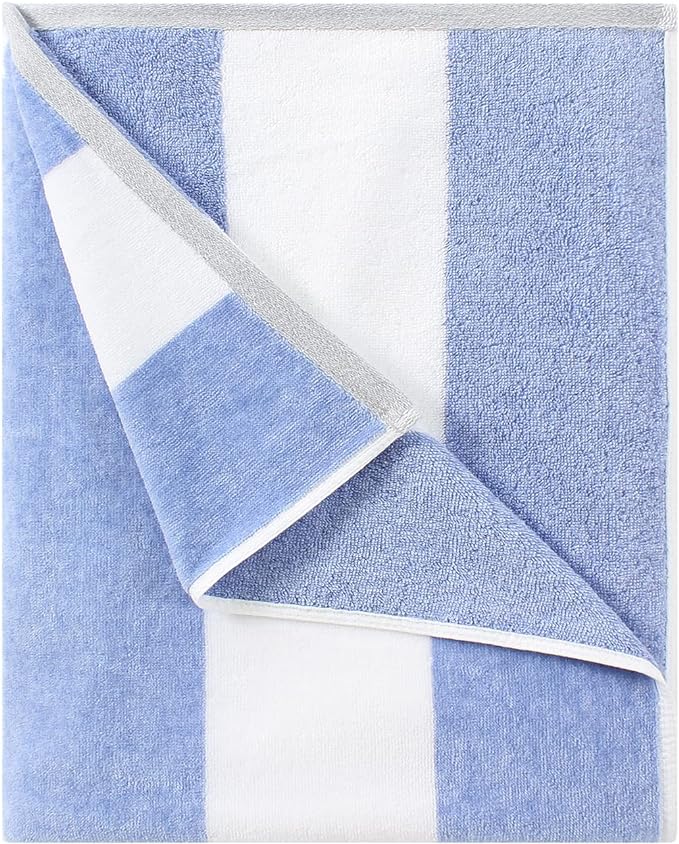HENBAY Cotton Oversized Beach Towel - Large 70 x 35 Inch Pool Towel, Blue Striped Quick Dry Swimming Cabana Towel