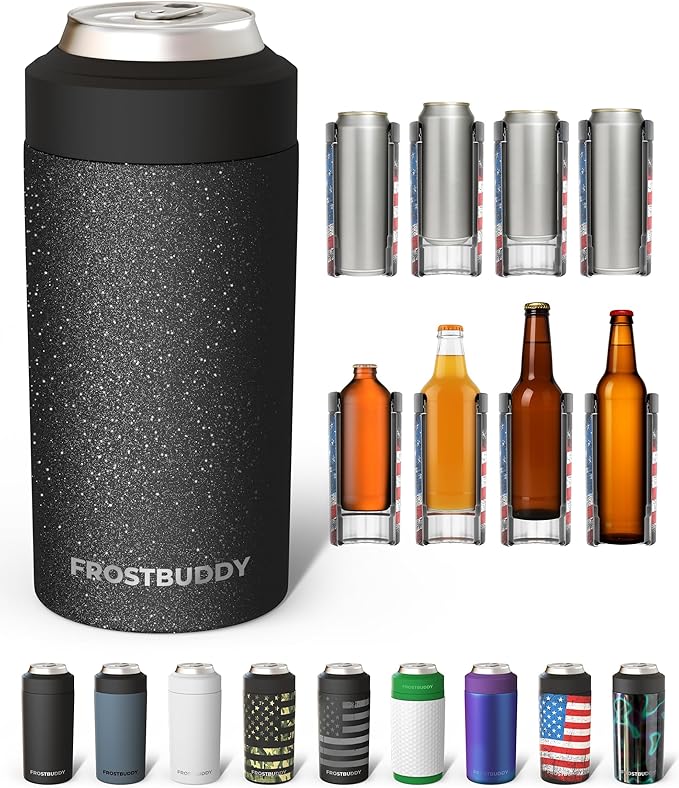 Frost Buddy Universal Can Cooler - Fits all - Stainless Steel Can Cooler for 12 oz & 16 oz Regular or Slim Cans & Bottles - Stainless Steel (Dark Glitz)