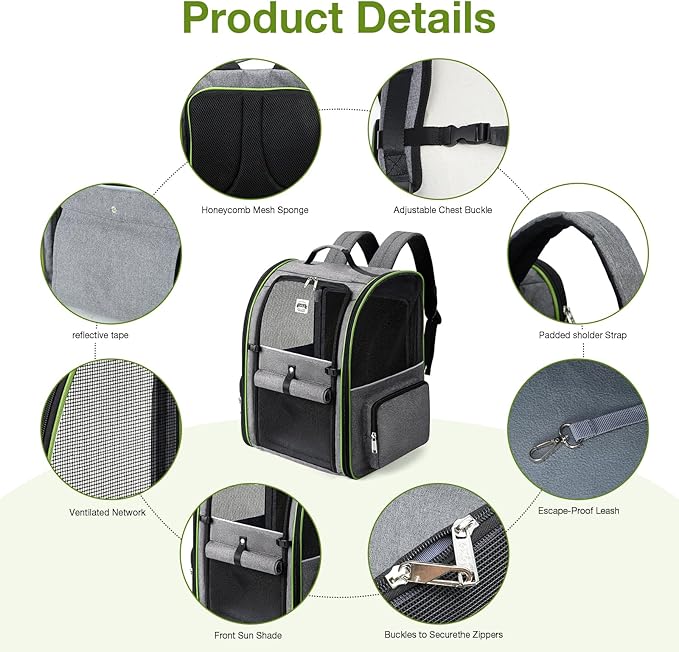 Large Cat Backpack Carrier Expandable Pet Carrier Backpack for Small Dogs Medium Cats Fit Up to 18 Lbs,Dogs Foldable Puppy Backpack Carrier for Travel, Hiking,Grey with Green Edge,L