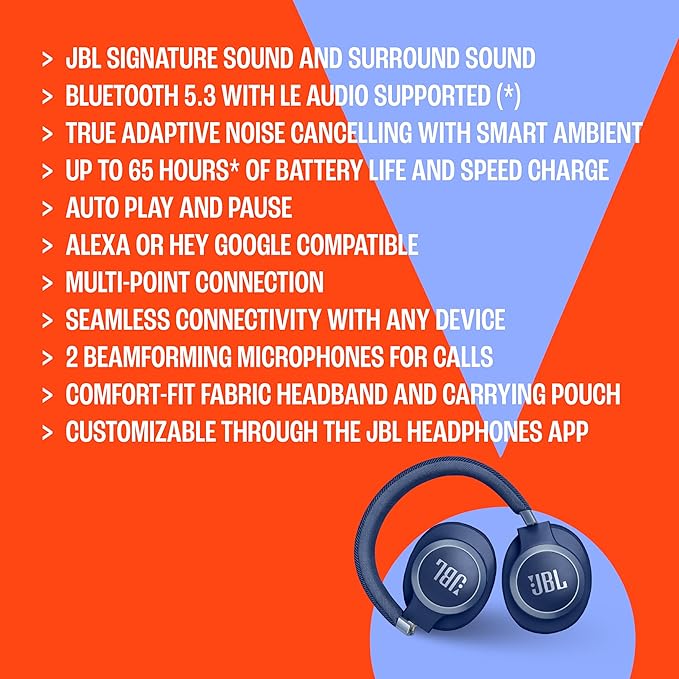 JBL Live 770NC - Wireless Over-Ear Headphones with True Adaptive Noise Cancelling with Smart Ambient, Up to 65 Hours of Battery Life, Comfort-fit Fabric Headband & Carrying Pouch (Blue)
