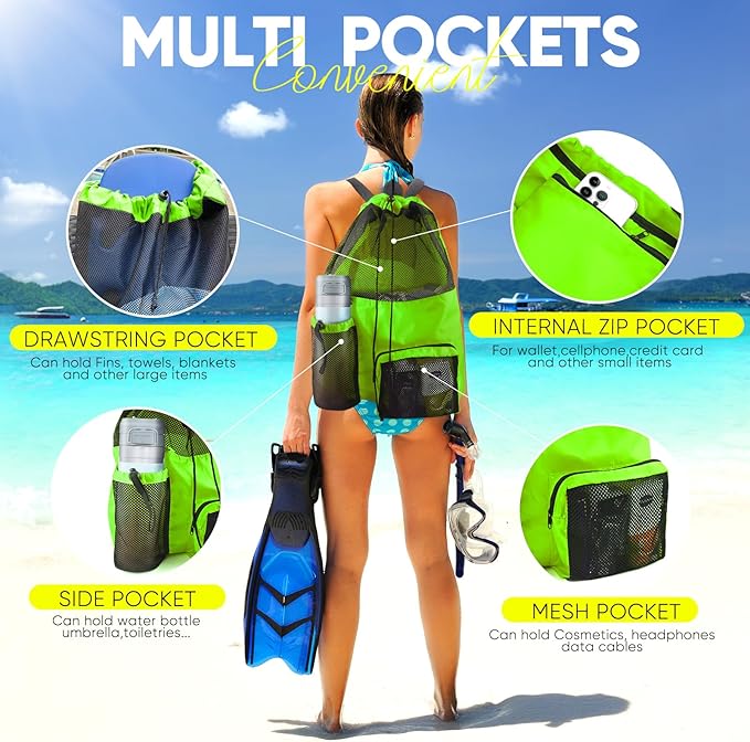 HOHOM Swim Mesh Beach Bag, Waterproof Gym Bags for Women and Men, Large Pool Bag Swimming Gear Drawstring Backpack