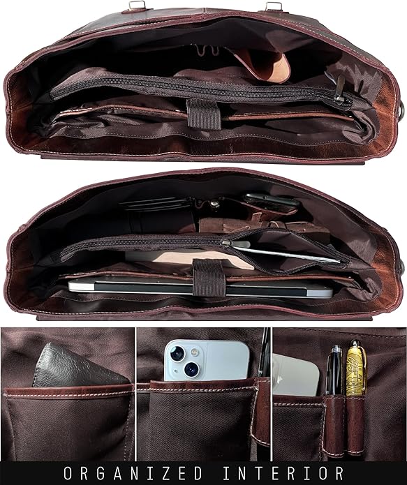 RUSTIC TOWN 16" Leather Laptop Messenger Bag for Men - Full Grain Leather Briefcase Computer Satchel Office Crossbody Bag