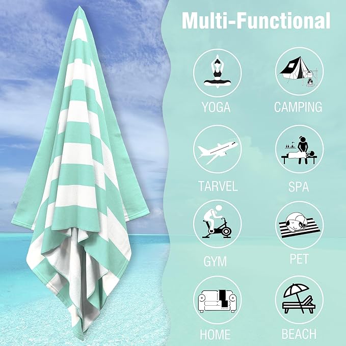 HENBAY Large Oversized Beach Towel - 35 x 70 Inch Microfiber Pool Towel, Aqua Striped Quick Dry Cabana Swim Towel