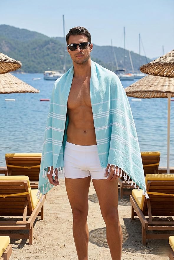 Cotton Turkish Beach Towel with Towels Oversized 36"x72" Pool Absorbent Extra Large Quick Dry Sand Travel Towel (Aqua Satin, 2 Pack)