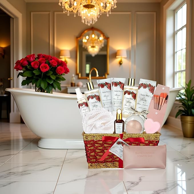 Mothers Day Gifts for Women, 21 Pcs Large Spa Basket Gift for Women, Red Rose Bath and Body Basket Gift, Skin Care, Home Spa Self Care, Bath Kit, Birthday, Christmas, Bridal Shower, Anniversary