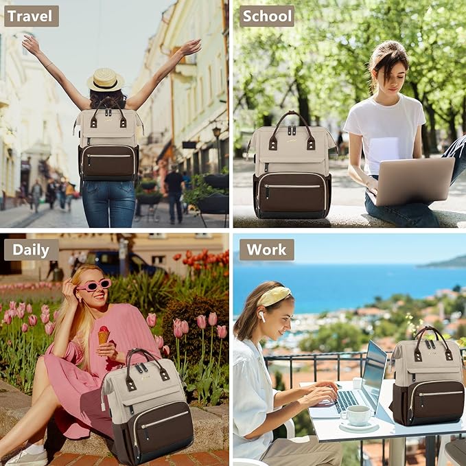 Laptop Backpack Women Work Bag: 15.6 inch Work Bookbag with USB Charging Port Large Travel Backpack Purse for College Nurse Casual Daypack for Teacher Professional Computer Backpack Apricot Coffee