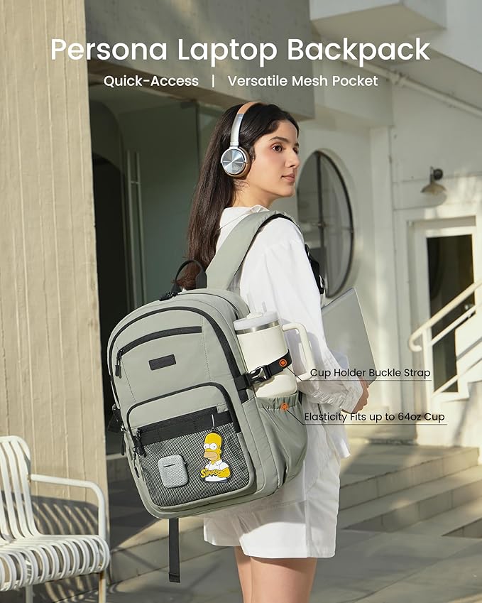 LOVEVOOK Laptop Backpack Women/Men with 40oz Cup Holder Buckle Strap, 15.6 Inch Tech-Ready Work Backpack, TSA-compliant for Travel & College with Versatile Mesh Pocket, Sage Green