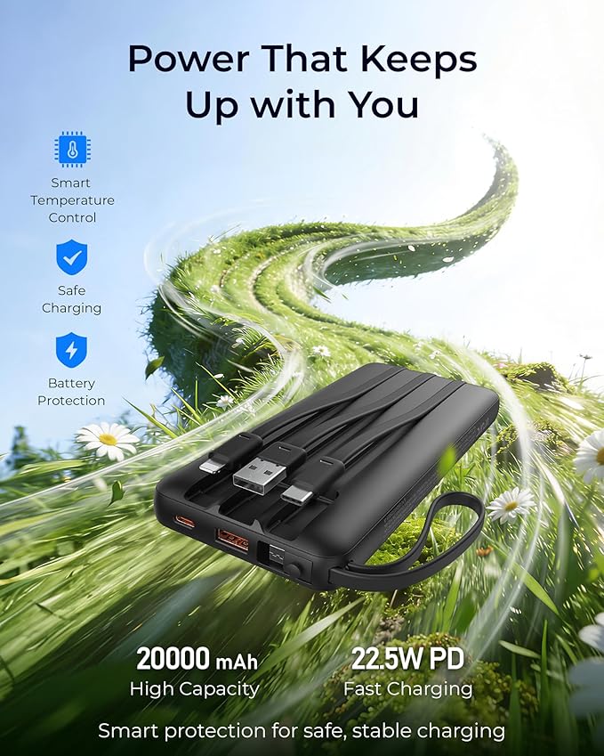 VRURC Portable Charger Slim 20000mAh Power Bank,22.5W PD Fast Charging Travel Essentials Powerbank 4-Built-in-Cables&2 Extra Ports Compatible with iPhone,iPad,Galaxy,Android (Black)
