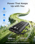 VRURC Portable Charger Slim 20000mAh Power Bank,22.5W PD Fast Charging Travel Essentials Powerbank 4-Built-in-Cables&2 Extra Ports Compatible with iPhone,iPad,Galaxy,Android (Black)