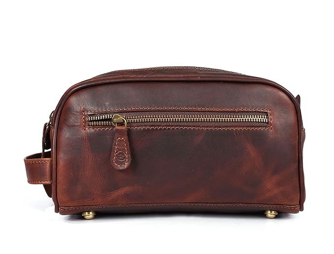 10" Premium Leather Toiletry Travel Pouch With Waterproof Lining Black Color | King-Size Handcrafted Vintage Shaving Kit By Aaron Leather Goods