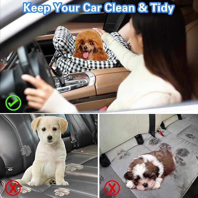 Dog Car Seat for Small Dogs, Portable Puppy Car Seat of Easy Installation, Fashionable Pet Carrier Bag with Large Pockets, Machine Washable Dog Booster Seat (Checkered Black)