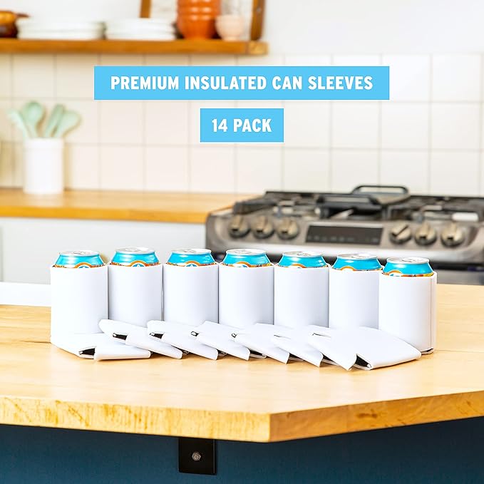 Blank Beer Can Coolers Sleeves (14-Pack) Soft Insulated Beer Can Cooler Sleeves - HTV Friendly Plain Can Sleeves for Soda Beer Cans & Bottles - Blanks for Vinyl Projects Wedding Favors & Gifts (White)