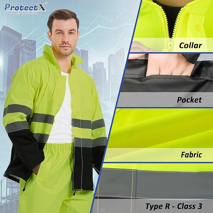 ProtectX High Visibility Waterproof Rain Gear for Men and Women, Hi Vis Reflective Safety Rain Jacket and Pant Suits Workwear