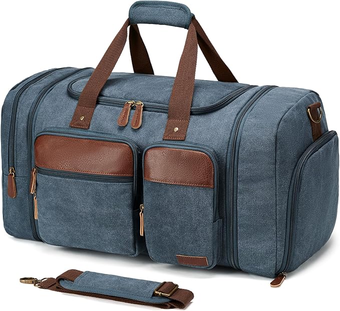 Canvas Duffle Bag for Travel 50L Expandable Travel Duffel Bags for Men Women Overnight Weekend Gym Bag with Shoes Compartment - Navy blue